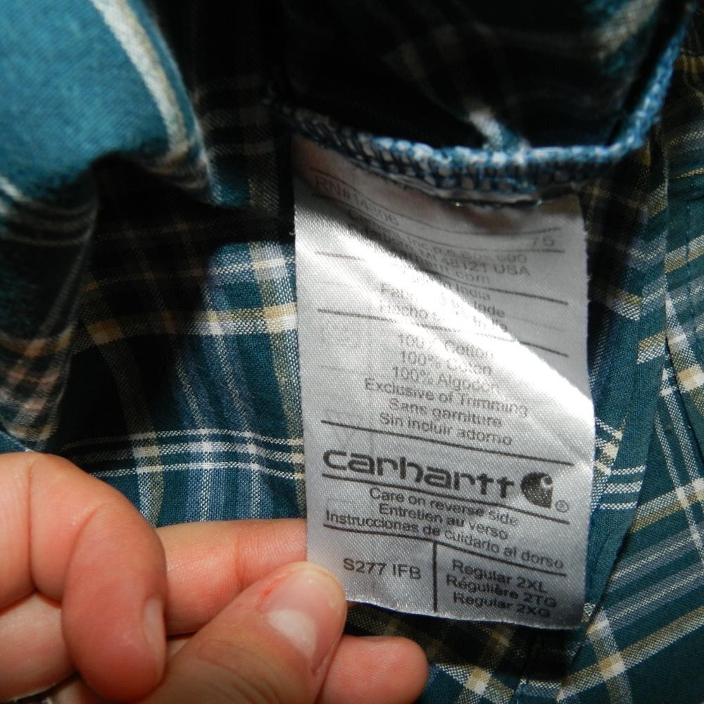 Carhartt Mens Greenish Blueish Plaid Button Down Short Sleeve Shirt Size XXL - Picture 8 of 8